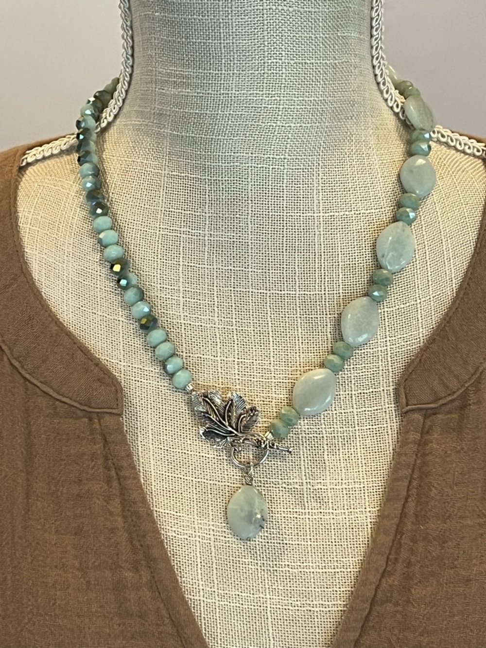 Seafoam Bead Necklace with Silver Leaf Toggle Pendant